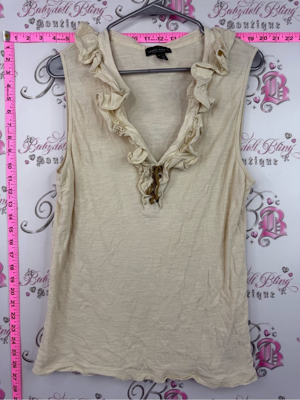 Ralph Lauren tank top lace up corset Cream Ruffle V-Neck Sleeveless Tank